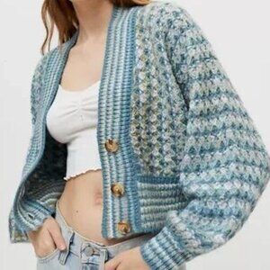 Urban Outfitters Nora Chunky Button Down Knit Cardigan Blue White Size XS $69